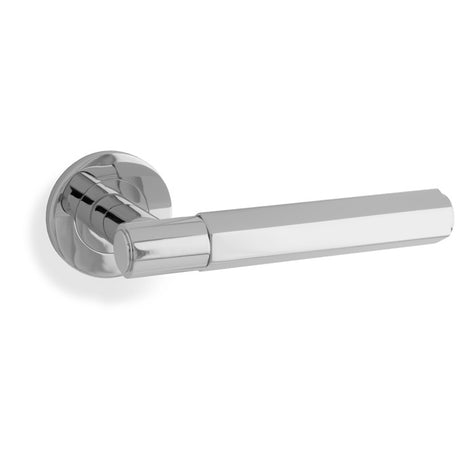 This is an image showing Alexander & Wilks - Spitfire Hex Lever on Round Rose - Polished Chrome aw224pc available to order from Trade Door Handles in Kendal, quick delivery and discounted prices.