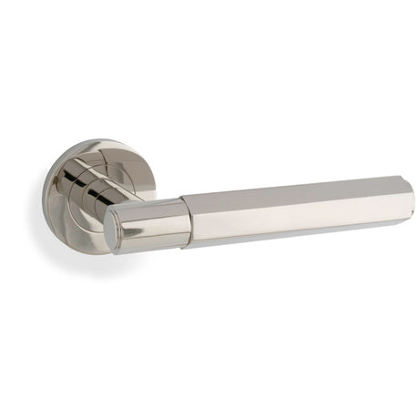 This is an image showing Alexander & Wilks - Spitfire Hex Lever on Round Rose - Polished Nickel aw224pn available to order from Trade Door Handles in Kendal, quick delivery and discounted prices.