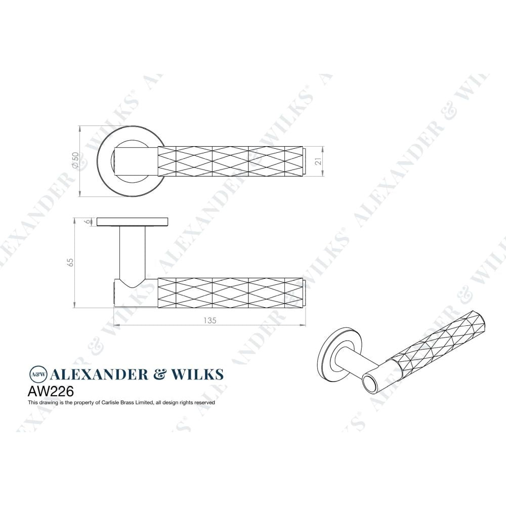 Line technical drawing image of Alexander & Wilks - Spitfire Diamond Cut Lever on Round Rose - Dark Bronze PVD | Sku. aw226dbzpvd | Trade Door Handles.