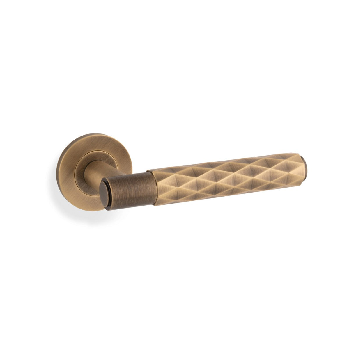High quality image of Alexander & Wilks - Spitfire Diamond Cut Lever on Round Rose - Antique Brass | Sku. aw226ab | Trade Door Handles.