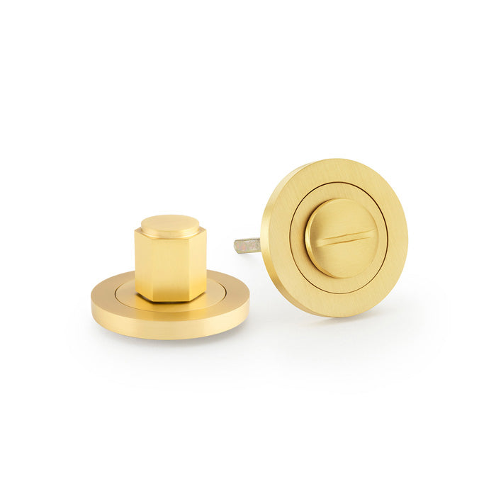 High quality image of Alexander & Wilks - Hex Thumbturn and Release - Satin Brass | Sku. aw794sb | Trade Door Handles.