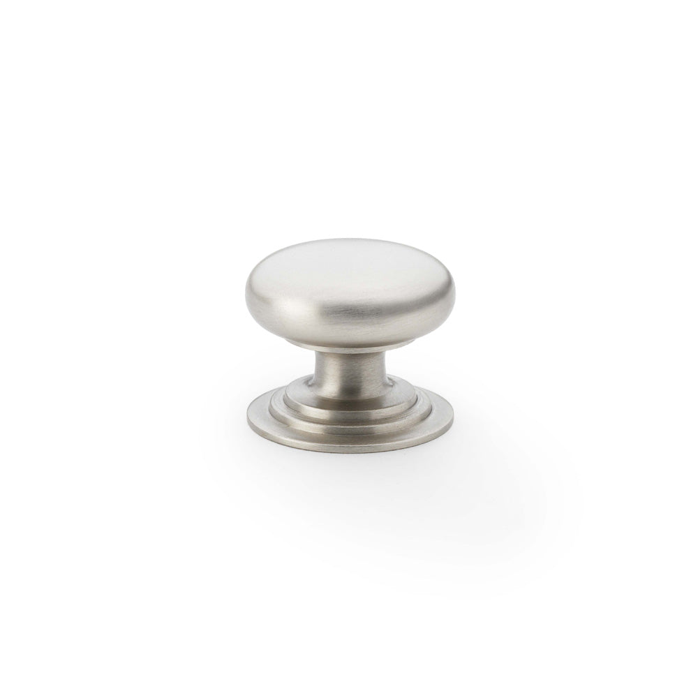 High quality image of Alexander & Wilks Waltz Round Cupboard Knob on Stepped Rose - Satin Nickel - 32mm | Sku. aw825-32-sn | Trade Door Handles.