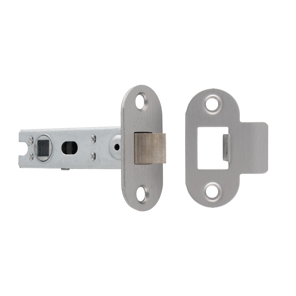 High quality image of Eurospec - 76MM BOLT-THROUGH TUBULAR LATCH - 8MM FOLLOWER - RADIUS - FIXED FOREND - SSS | Sku. btl30sss-r | Trade Door Handles.