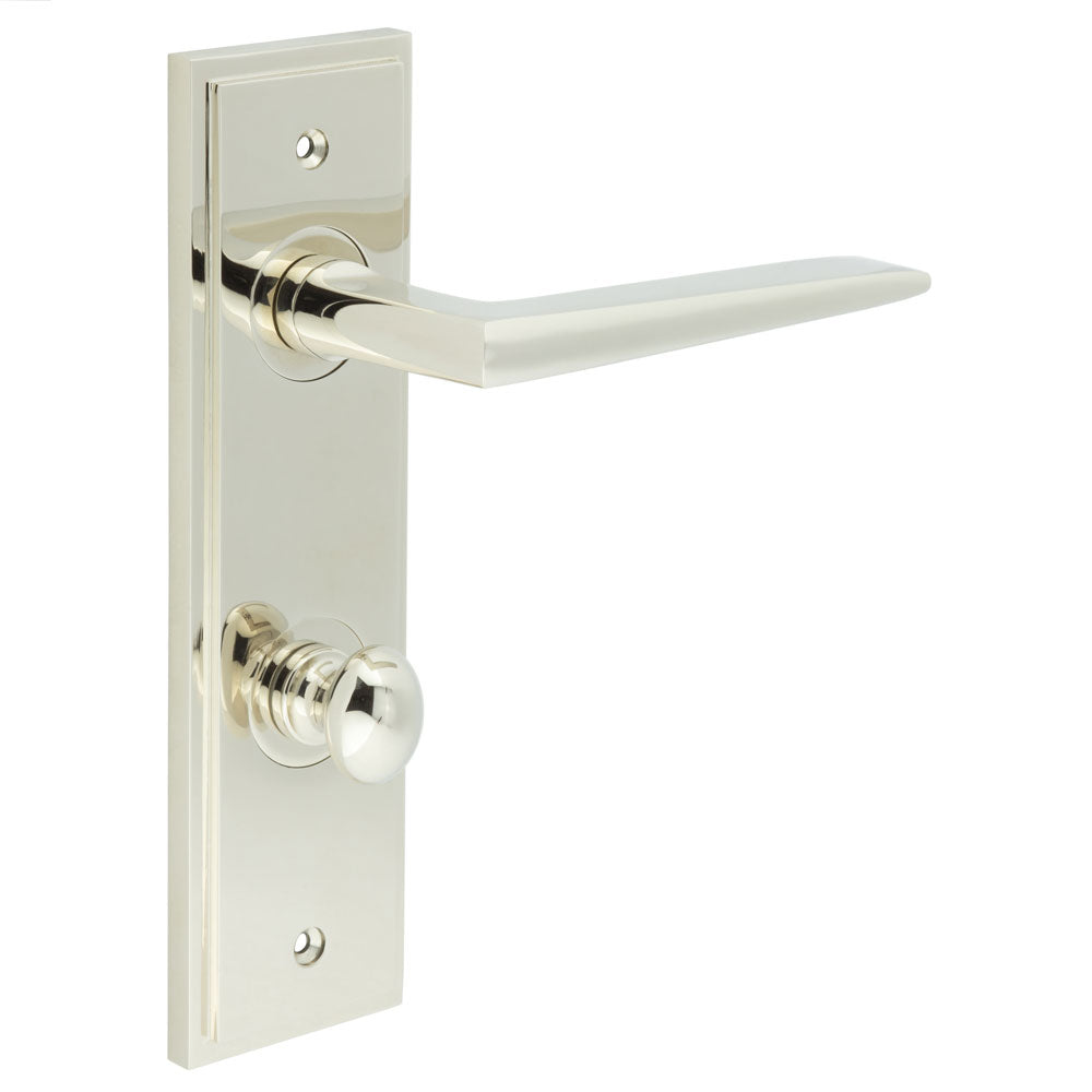 High quality image of Burlington - Mayfair Door Handle Din Bathroom Backplate Polished Nickel & Turn & Release Sku. BUR-10PN-456PN-80PN