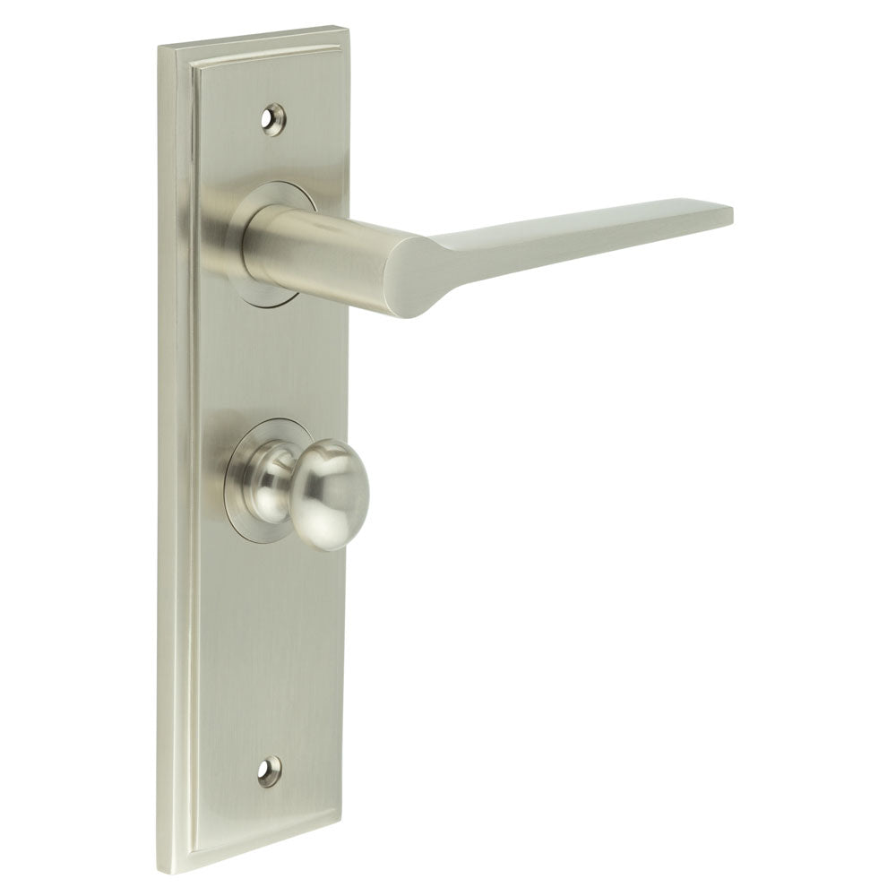 High quality image of Burlington - Knightsbridge Door Handle Bathroom Backplate Satin Nickel & Turn & Release Sku. BUR-20SN-453SN-80SN
