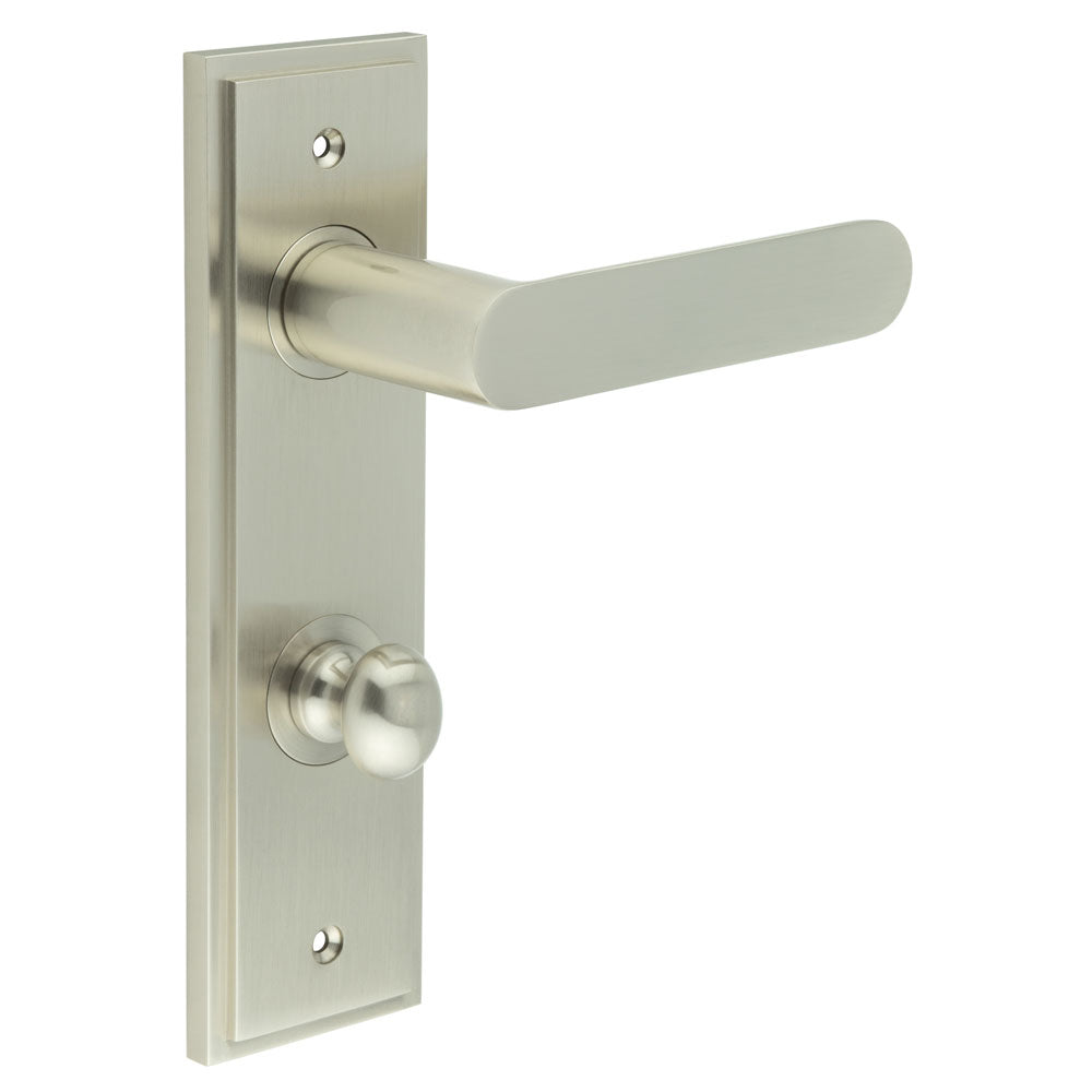 High quality image of Burlington - Kensington Door Handle Din Bathroom Backplate Satin Nickel & Turn & Release Sku. BUR-25SN-456SN-80SN