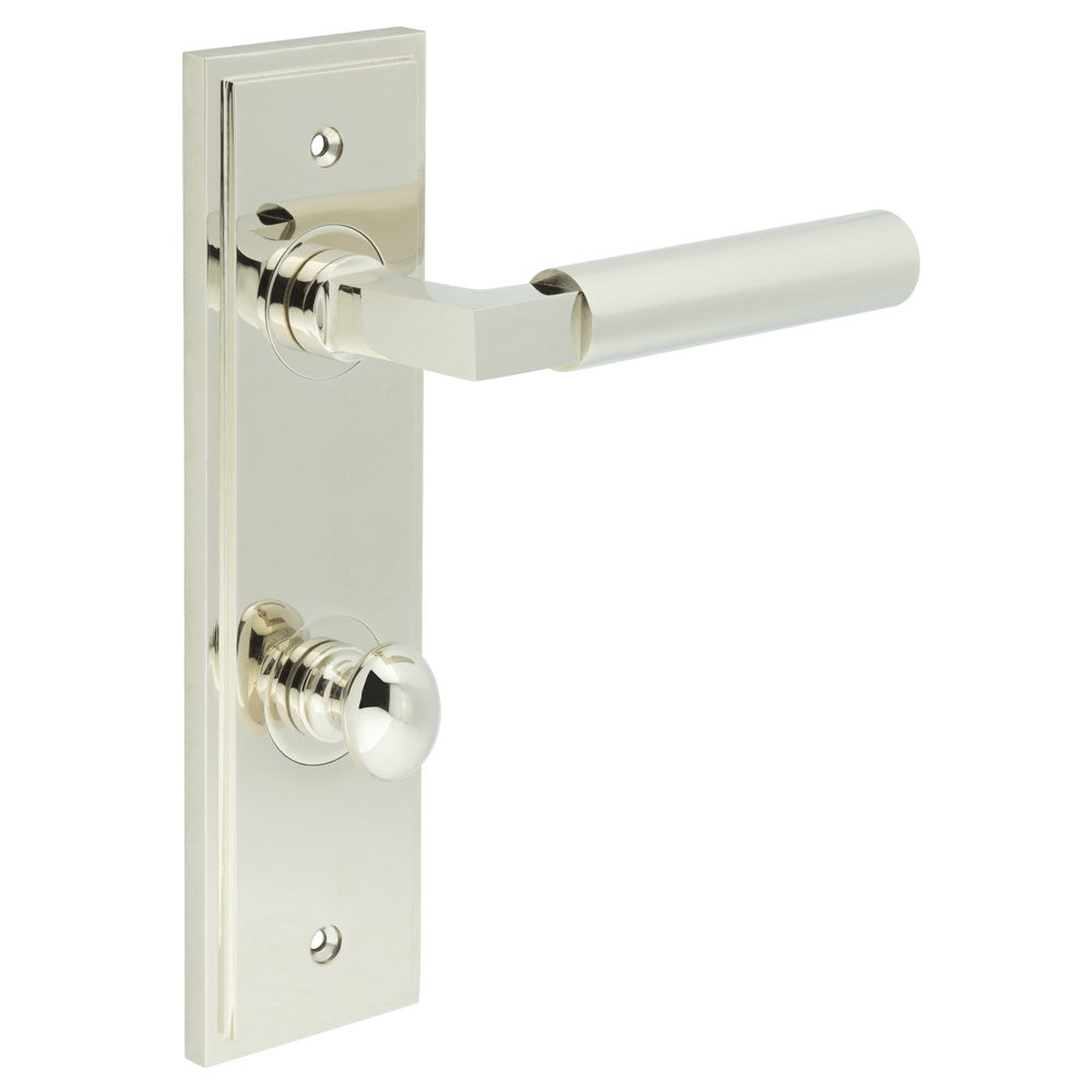 High quality image of Burlington - Westminster Door Handle Din Bathroom Backplate Polished Nickel & Turn & Release Sku. BUR-30PN-456PN-80PN
