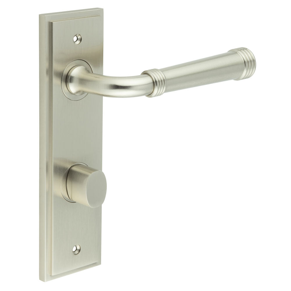 High quality image of Burlington - Highgate Door Handle Din Bathroom Backplate Satin Nickel & Turn & Release Sku. BUR-35SN-456SN-81SN