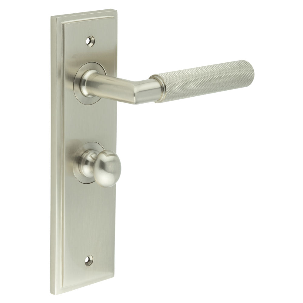 High quality image of Burlington - Piccadilly Door Handle Bathroom Backplate Satin Nickel & Turn & Release Sku. BUR-40SN-453SN-80SN