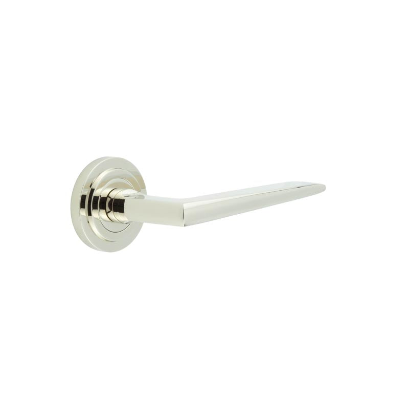 High quality image of Burlington - Mayfair Door Handle on Stepped Rose Polished Nickel Sku. BUR10KIT159
