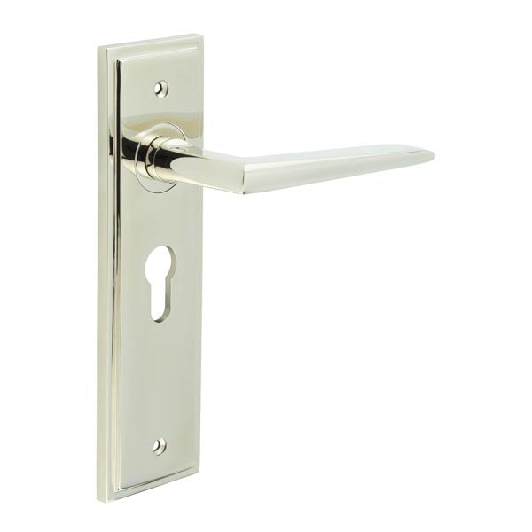 High quality image of Burlington - Mayfair Door Handle Euro Backplate Polished Nickel Sku. BUR10KIT167