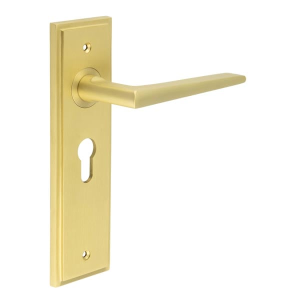 High quality image of Burlington - Mayfair Door Handle Euro Backplate Satin Brass Sku. BUR10KIT245