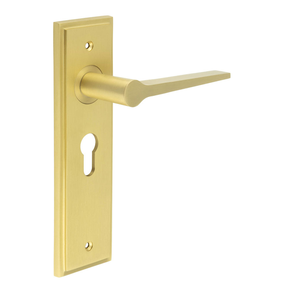 High quality image of Burlington - Knightbridge Door Handle Euro Backplate Satin Brass Sku. BUR20KIT245