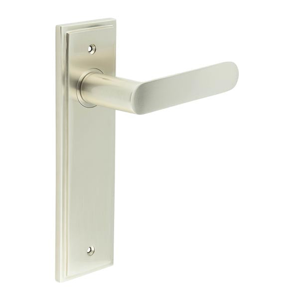 High quality image of Burlington - Kensington Door Handle Latch Backplate Satin Nickel Sku. BUR25KIT320