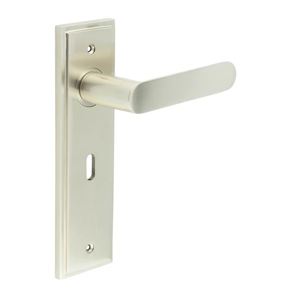 High quality image of Burlington - Kensington Door Handle Lock Backplate Satin Nickel Sku. BUR25KIT321