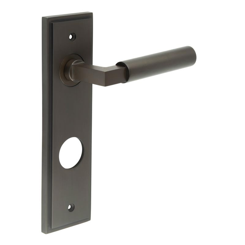 High quality image of Burlington - Westminster Door Handle Din Bathroom Backplate Dark Bronze Sku. BUR30KIT91