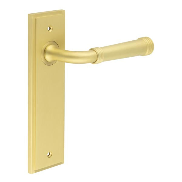 High quality image of Burlington - Highgate Door Handle Latch Backplate Satin Brass Sku. BUR35KIT242
