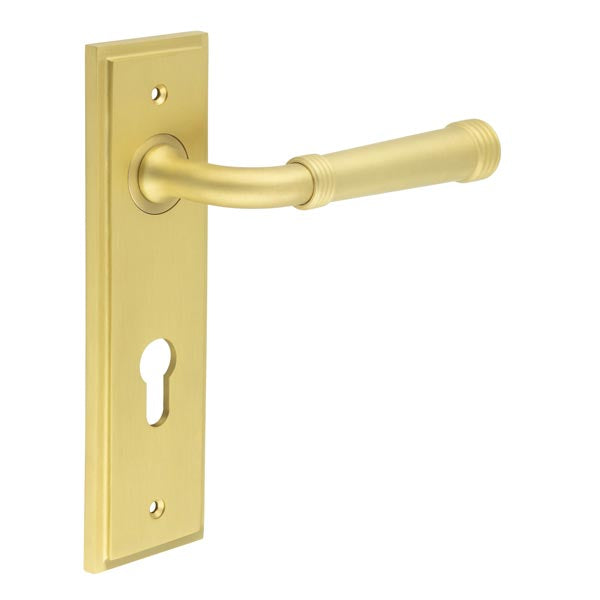 High quality image of Burlington - Highgate Door Handle Din Euro Backplate Satin Brass Sku. BUR35KIT246