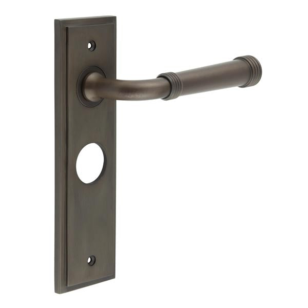 High quality image of Burlington - Highgate Door Handle Bathroom Backplate Dark Bronze Sku. BUR35KIT88