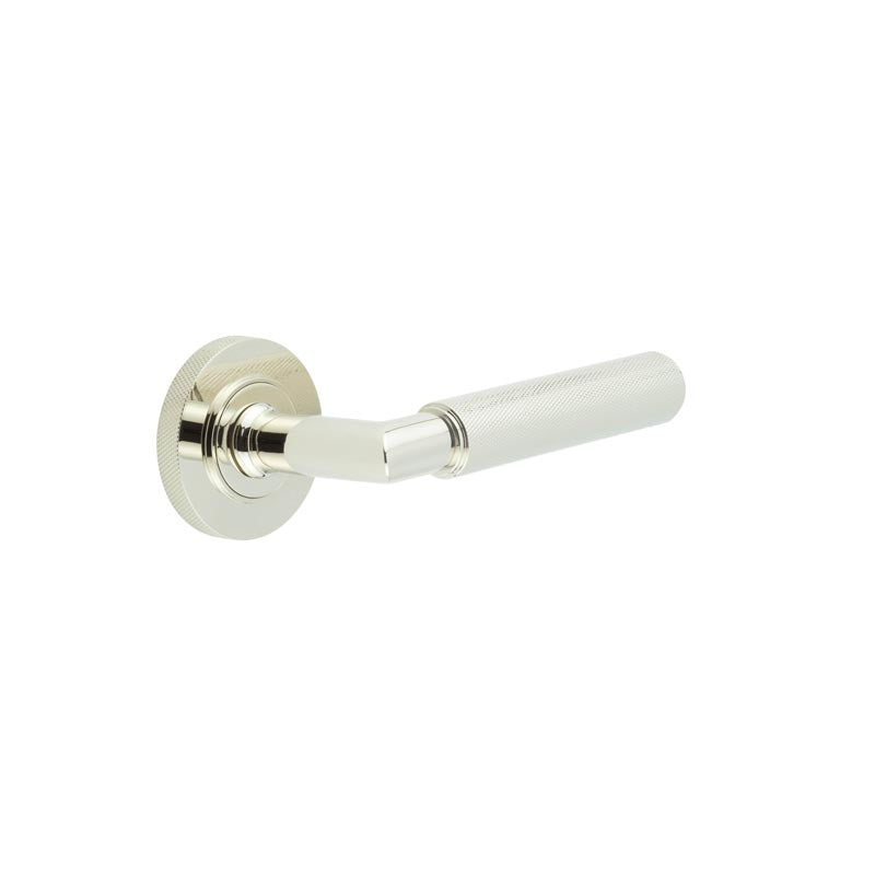 High quality image of Burlington - Piccadilly Door Handle on Knurled Rose Polished Nickel Sku. BUR40KIT161