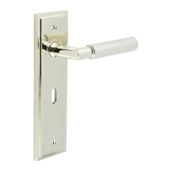 High quality image of Burlington - Piccadilly Door Handle Lock Backplate Polished Nickel Sku. BUR40KIT165