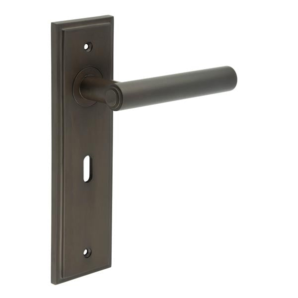 High quality image of Burlington - Highgate Door Handle Lock Backplate Dark Bronze Sku. BUR45KIT87