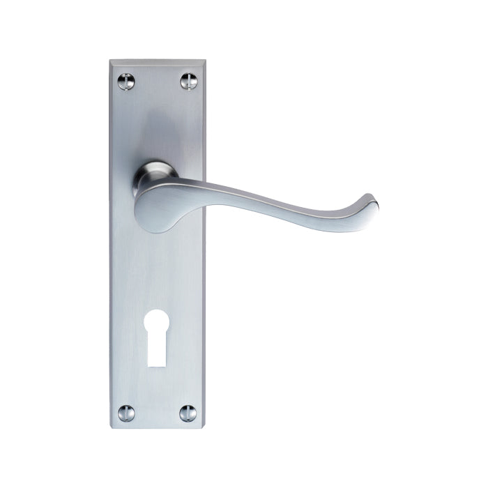 High quality image of Carlisle Brass - Contract Victorian Scroll Lever on Lock Backplate - Satin Chrome | Sku. cbs54sc | Trade Door Handles.