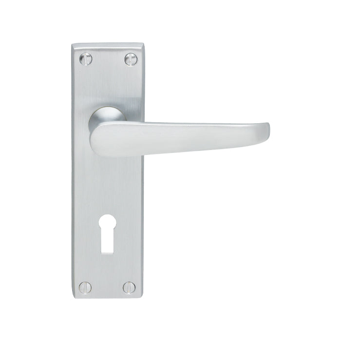 High quality image of Carlisle Brass - Contract Victorian Lever on Lock Backplate - Satin Chrome | Sku. cbv30sc | Trade Door Handles.