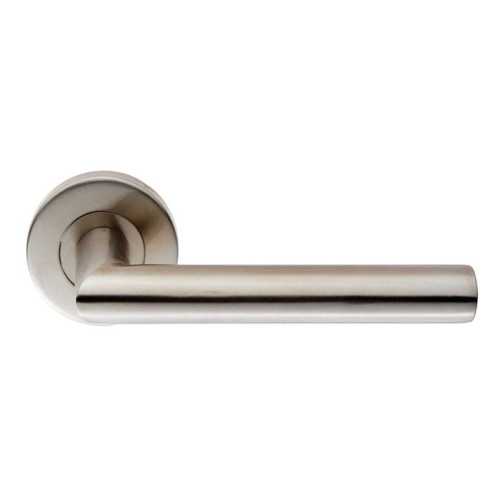 High quality image of Eurospec - MITRED OVAL LEVER ON SPRUNG PUSH-ON ROUND ROSE - SSS | Sku. csl1195sss-201 | Trade Door Handles.