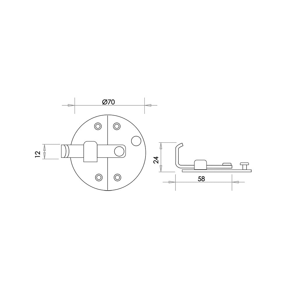 Technical drawing of of Frelan - Jedo Cabinet Latch 72mm dia Pewter Sku. HF50
