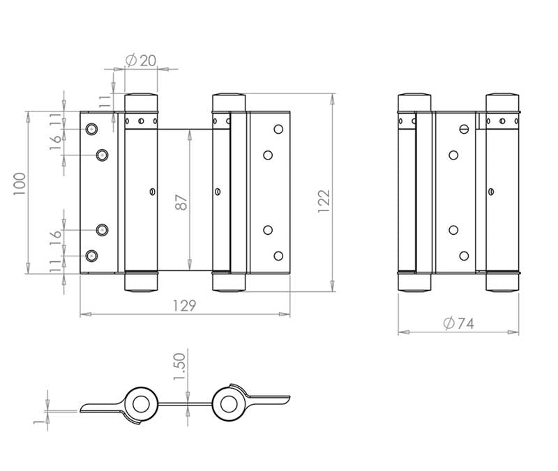 Technical drawing of of Frelan - Double Action Steel Spring Hinges 102mm Grey Sku. HG3005-4GY