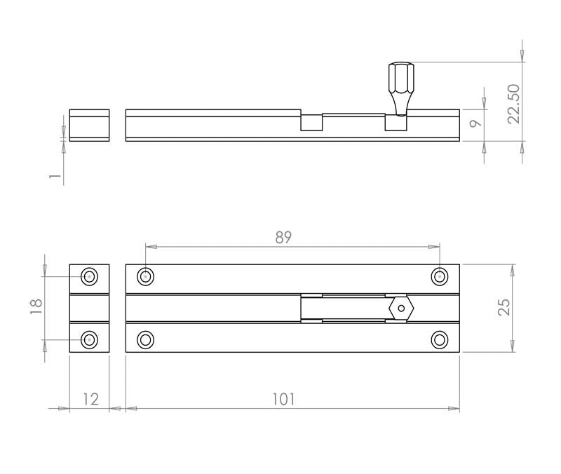 Technical drawing of of Frelan - Jedo Brass Straight Barrel Bolts 102x25mm Polished Brass Sku. J1001BE