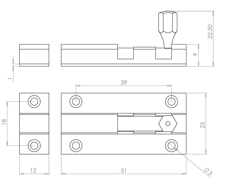 Technical drawing of of Frelan - Jedo Brass Straight Barrel Bolts 50x25mm Polished Chrome Sku. J1001CB