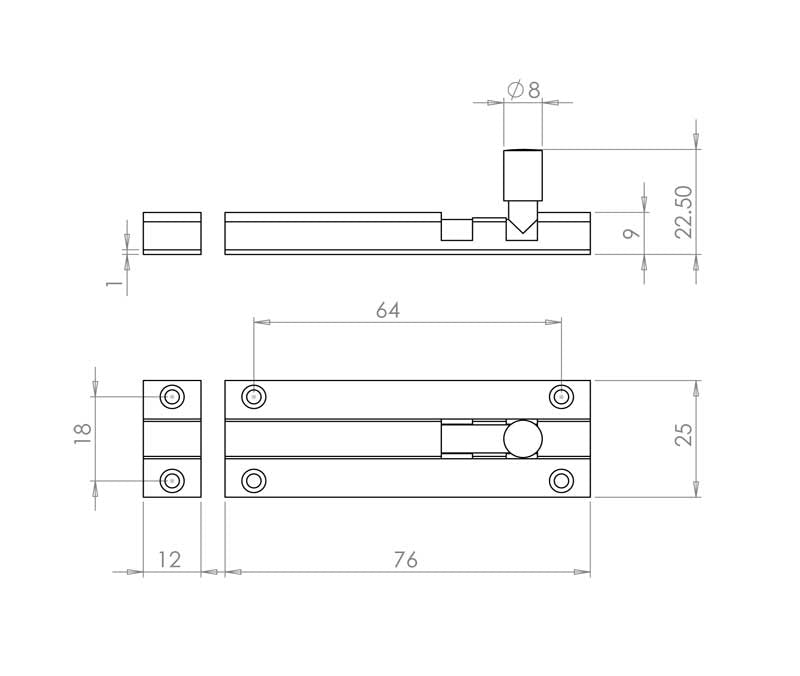 Technical drawing of of Frelan - SAA Straight Barrel Door Bolts 75x25mm Sold in Boxes of 10 Sku. J1001SD