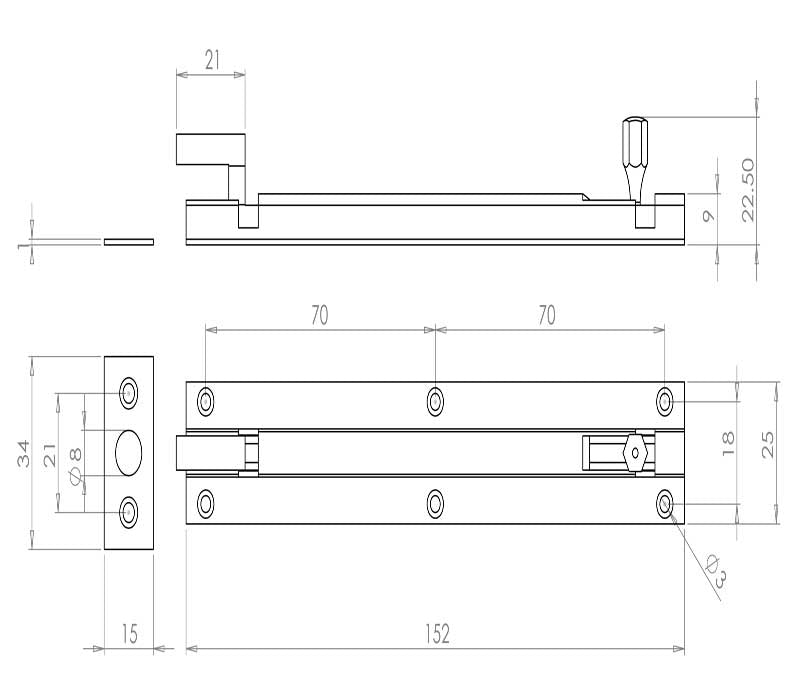 Technical drawing of of Frelan - Jedo Brass Necked Barrel Bolts 152x25mm Polished Brass Sku. J1002BF