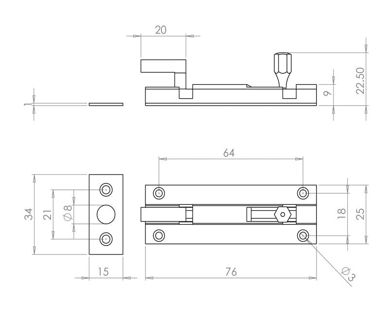 Technical drawing of of Frelan - Jedo Brass Necked Barrel Bolts 75x25mm Satin Chrome Sku. J1002DD