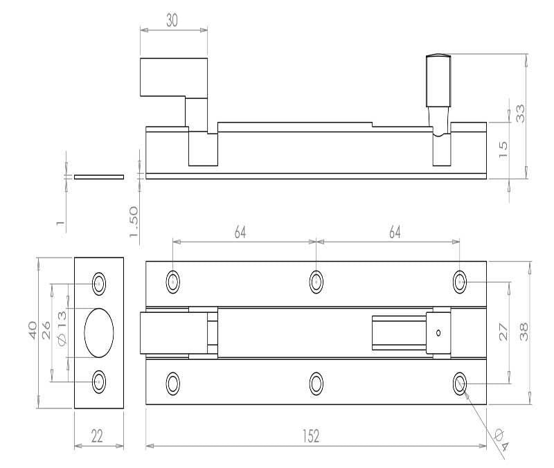 Technical drawing of of Frelan - Jedo Brass Heavy Necked Barrel Bolts 150x38mm Satin Chrome Sku. J1002SC-6