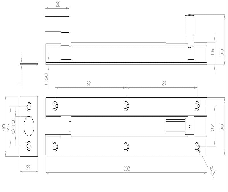 Technical drawing of of Frelan - Jedo Brass Heavy Necked Barrel Bolts 200x38mm Satin Chrome Sku. J1002SC-8