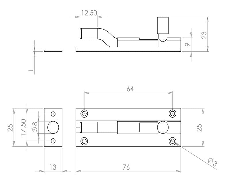Technical drawing of of Frelan - Jedo Aluminium Necked Barrel Bolts 75x25mm Satin Anodised Aluminium Sku. J1002SD