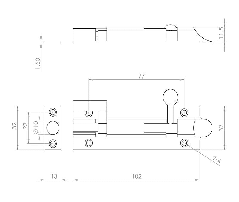 Technical drawing of of Frelan - Jedo Brass Heavy Necked Barrel Bolts 100x38mm Polished Chrome Sku. J1002PC-4