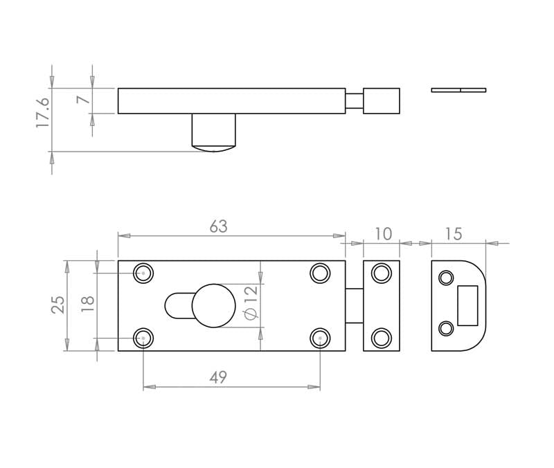Technical drawing of of Frelan - Jedo Bathroom Slide Bolts 63x25mm Satin Chrome Sku. J1414SC