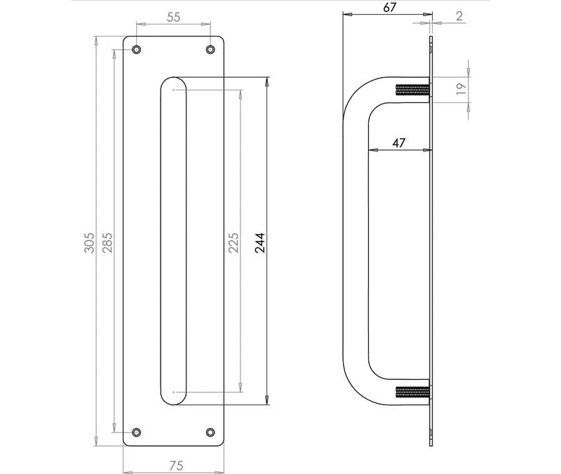 Technical drawing of of Frelan - Aluminium Pull Handles w/ Plate 300x75mm Satin Anodised Aluminium Sku. J1601