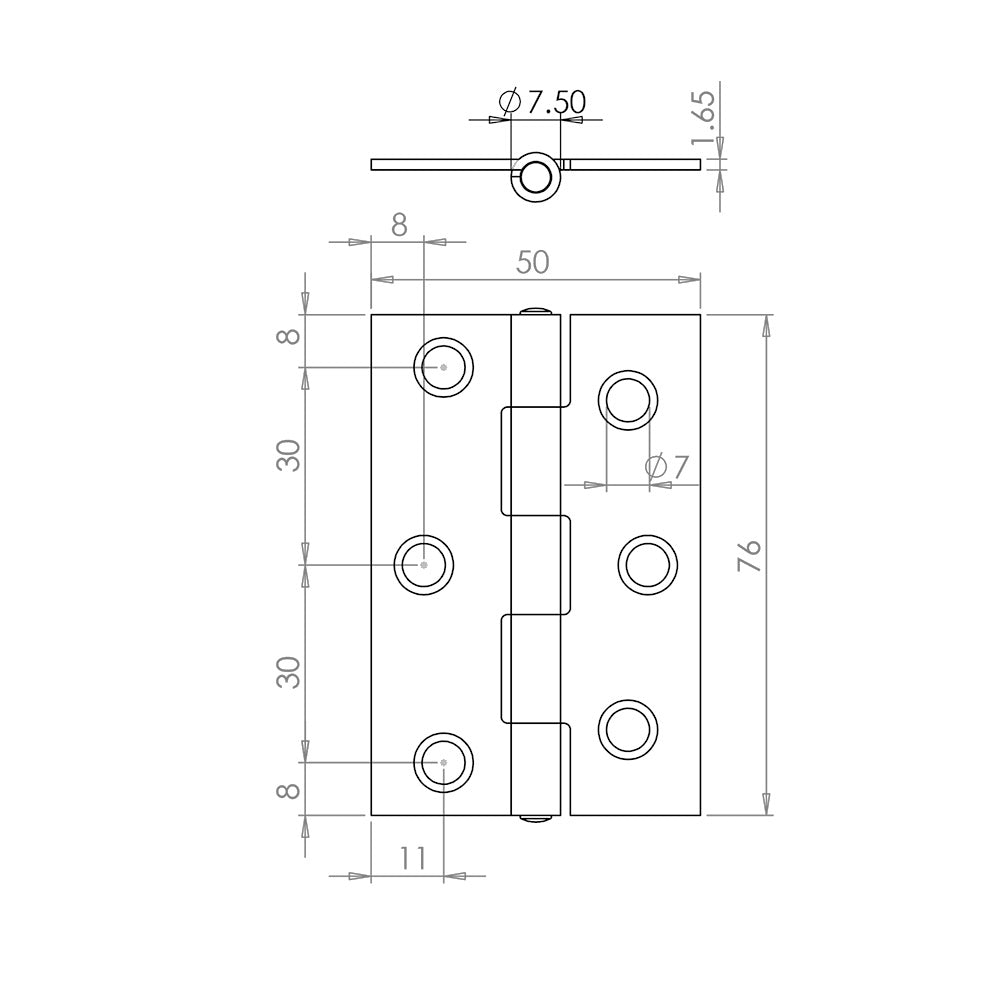 Technical drawing of of Frelan - Steel Plain Bearing Butt Hinges 76x50x1.65mm Zinc Plate Sku. J1838-DZP