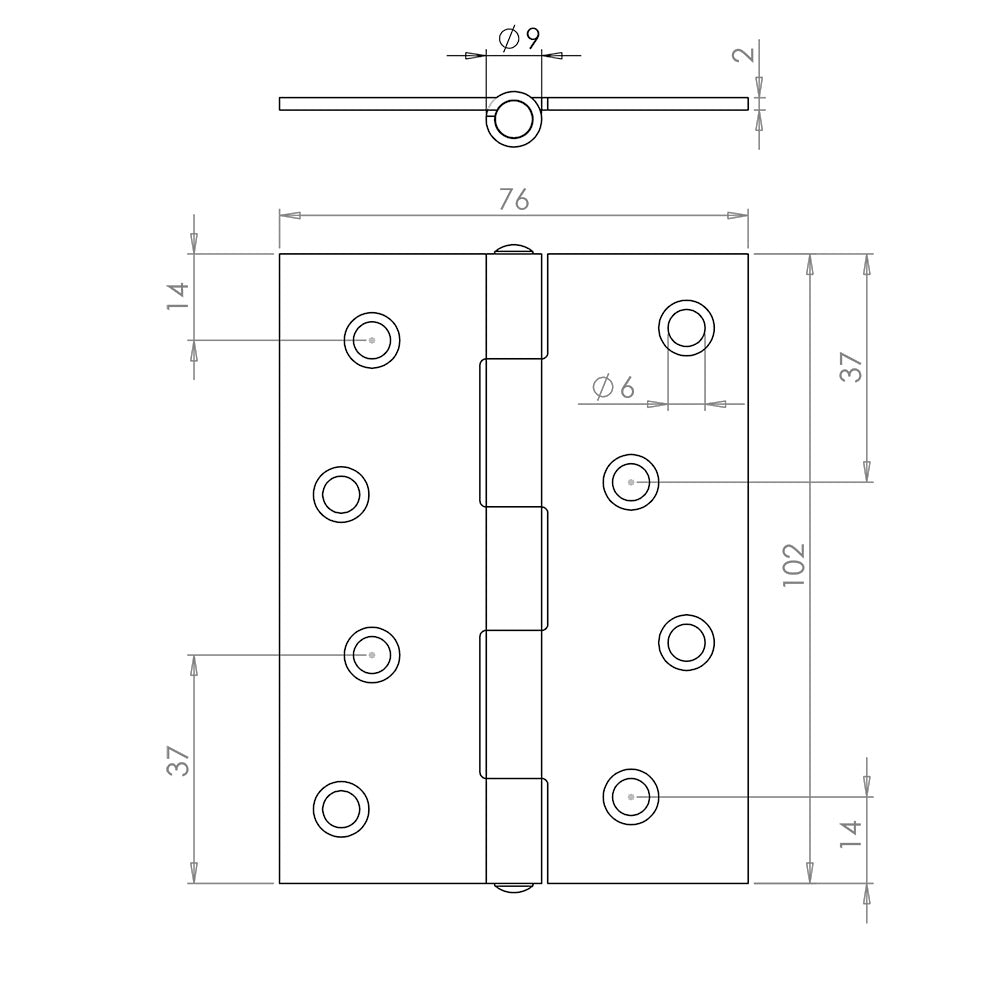Technical drawing of of Frelan - Steel Plain Bearing Butt Hinges 102x76x2mm Zinc Plate Sku. J1838-FZP