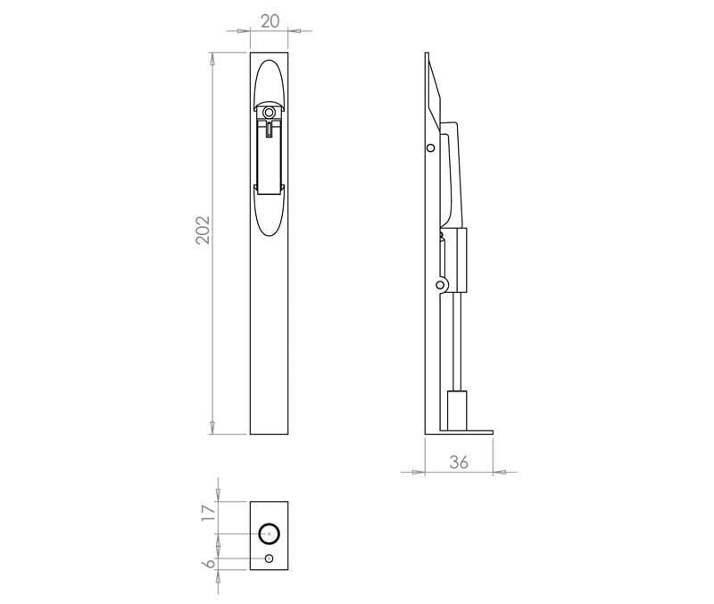 Technical drawing of of Frelan - Jedo Aluminium Lever Action Flushbolts 205x19mm Satin Anodised Aluminium Sku. J5640B