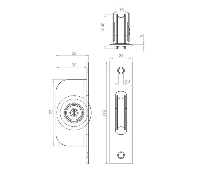 Technical drawing of of Frelan - Jedo Sash Roller with Rectangular Plate 118x26mm Satin Chrome Sku. J994BSC