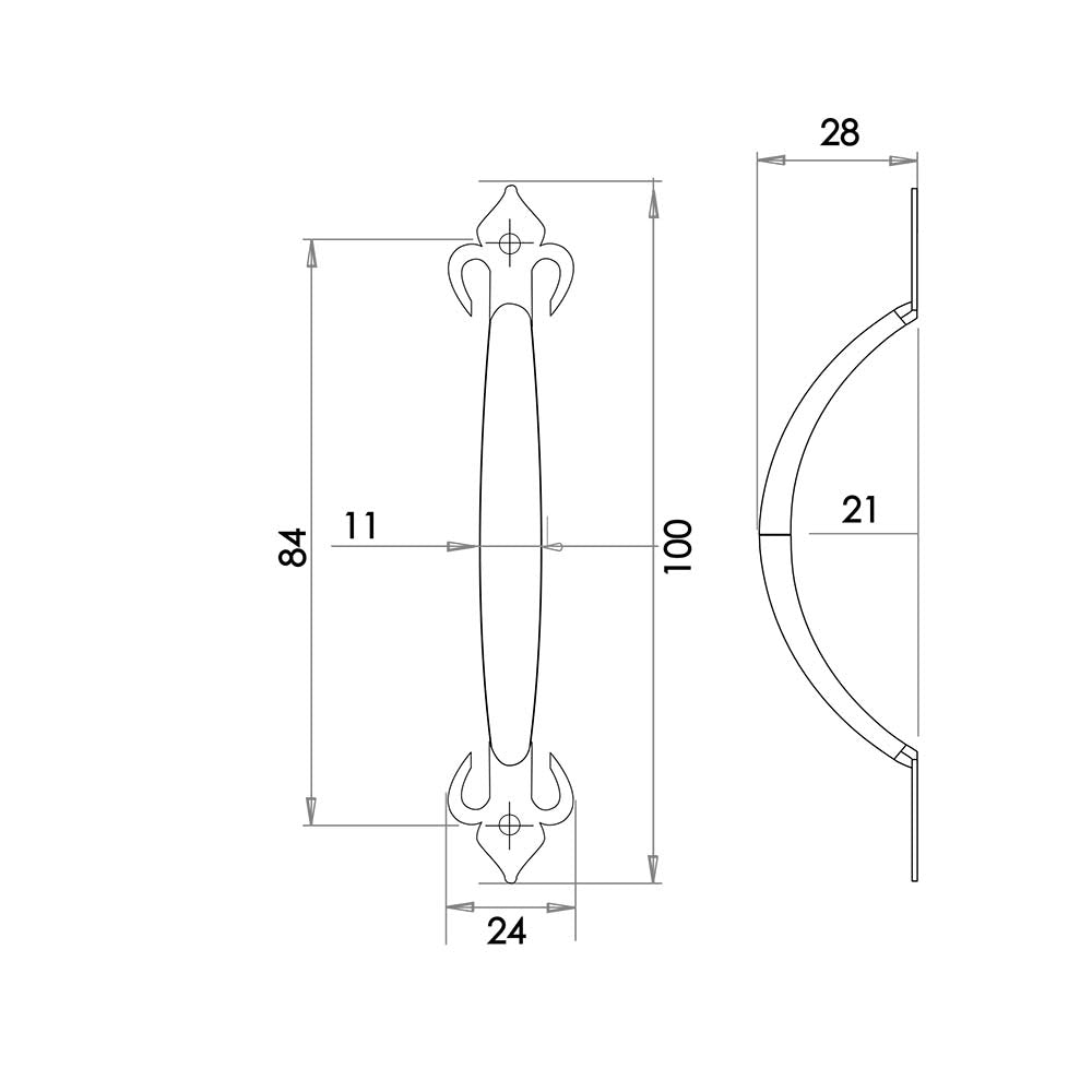 Technical drawing of of Frelan - Fleur De Lys Pull Handles 100mm Black Sku. JAB26
