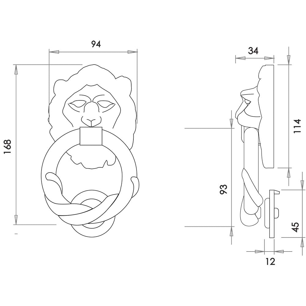 Technical drawing of of Frelan - Lion Head Door Knocker Sku. JAB8