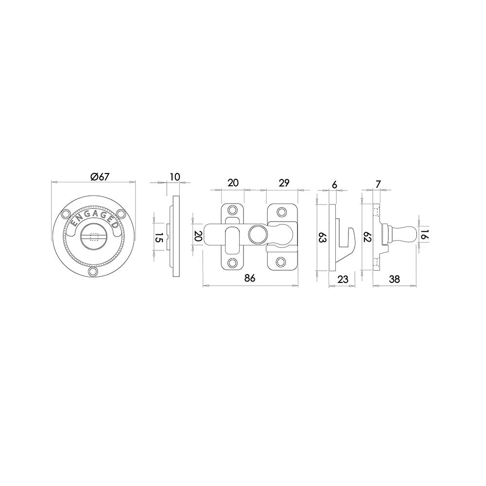 Technical drawing of of Frelan - Antique Indicator Bolts 70mm dia. Black Sku. JAB80