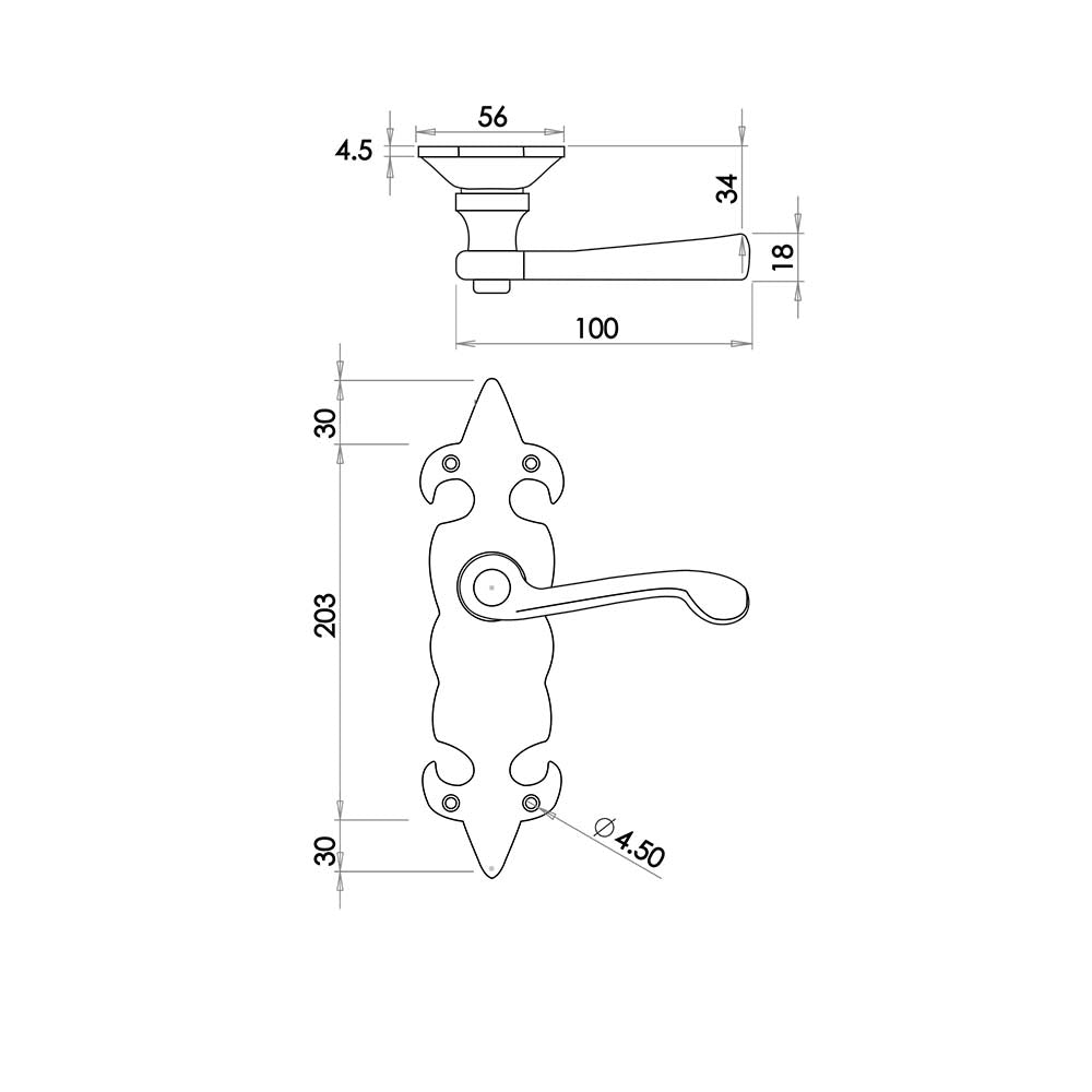 Technical drawing of of Frelan - Fleur De Lys Suite Door Handle on Latchplate Black Sku. JAB84